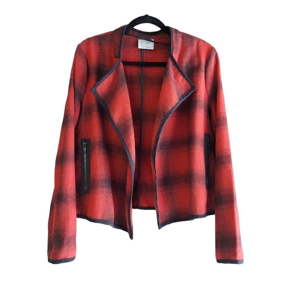 Ruff Hewn Grey Women's Red & Black Plaid Open Front Wool Blend Jacket